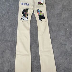 Mens Beige  Rockstar Tripple Stack Jeans with Nipsey Hussle Print